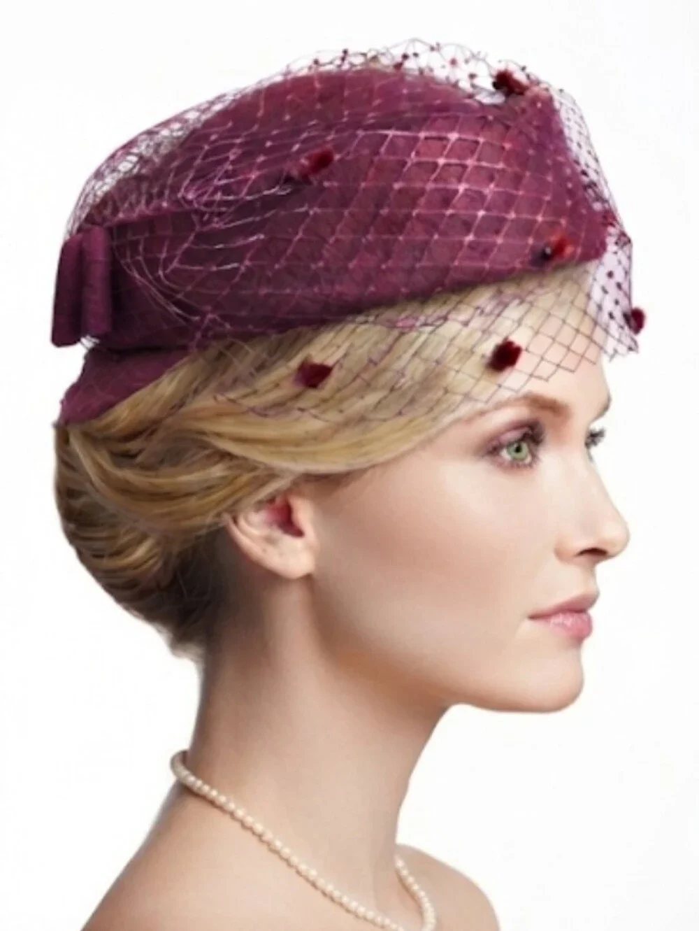 Beloved Millinery Beautiful Burgundy Dotted Veil British Style Pillbox Hat w/Bow